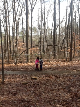 Lower Elementary students studying birds in the woods.